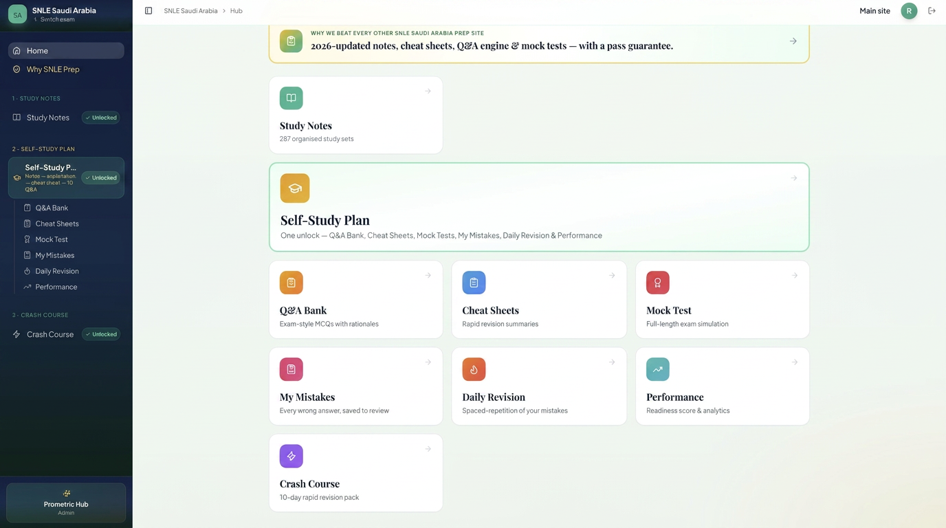 OMSB self-study dashboard preview showing study notes, Q&A bank, cheat sheets, mock tests, my mistakes, daily revision and performance modules